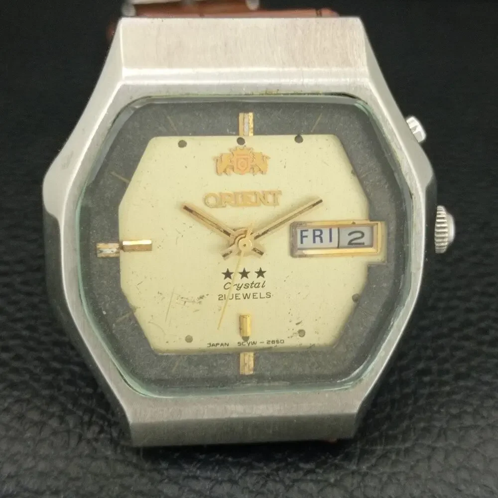 Vintage 1978 Orient Automatic Mens Silver Watch W/daydate & Gold accents